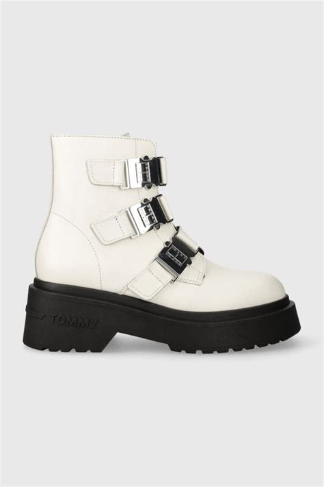 Tommy Jeans botki skórzane TJW CHUNKY BOOT HARDWARE damskie kolor biały ...