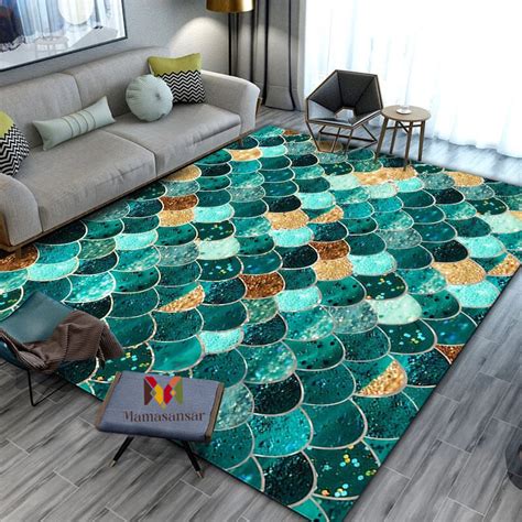 Anti Skid Non-Slip Heavy Geometric Shades of Turquoise Living Room Bed ...