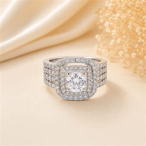 Silver Tone Four Row Band Double Halo Ring – Kalyani Jewelery