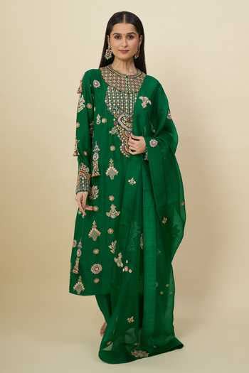 Buy Green Embroidery, Zari Round Neck Emerald Kurta Set For Women by ...