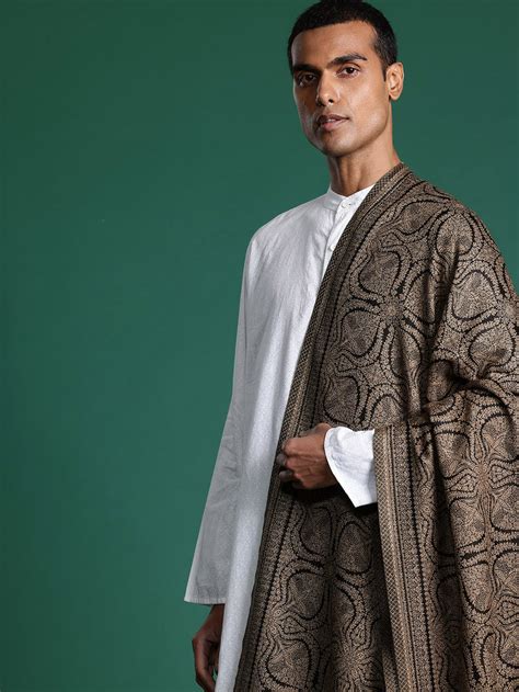 Men Black Ethnic Motifs Woven Embroidered Design Kashmiri Shawl ...