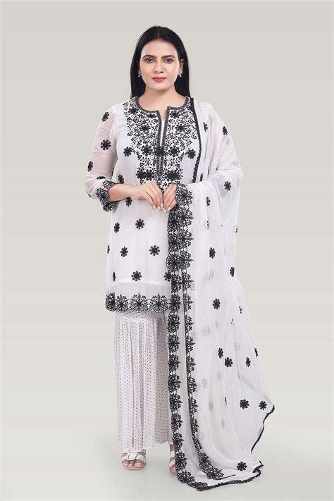 White Georgette Straight Embroidered Kurta Palazzo Suit Set – Cotton ...