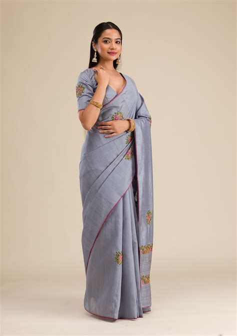 Buy Grey Threadwork Soft Silk Saree - Koskii