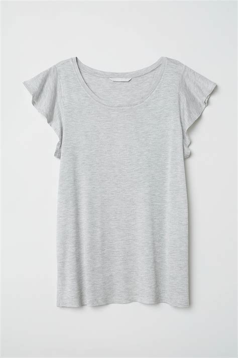 Flounce-sleeved jersey top - Light grey marl - Ladies | H&M IN