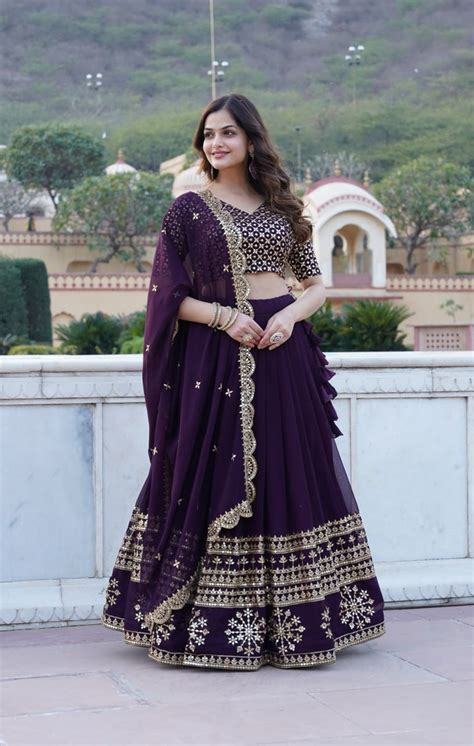 Wine Sequined Faux Georgette Lehenga Choli Set with Dupatta