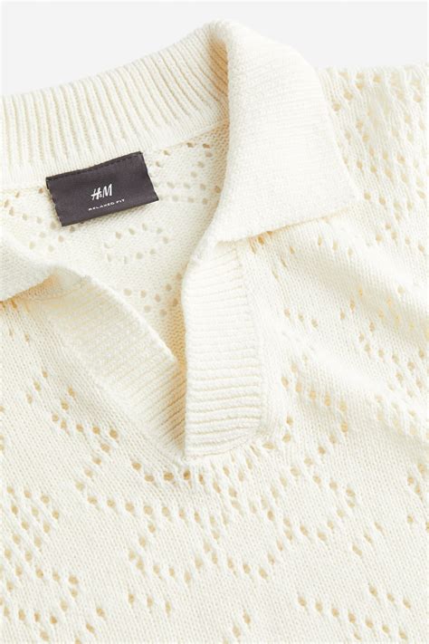 Relaxed Fit Crochet-look polo shirt - Cream - Men | H&M IN