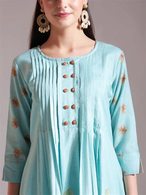 Linen Cotton Sea Green Anarkali Kurta Dupatta Pant Set – Yufta Store