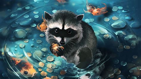 Download wallpaper 1920x1080 raccoon, art, coins, water full hd, hdtv ...