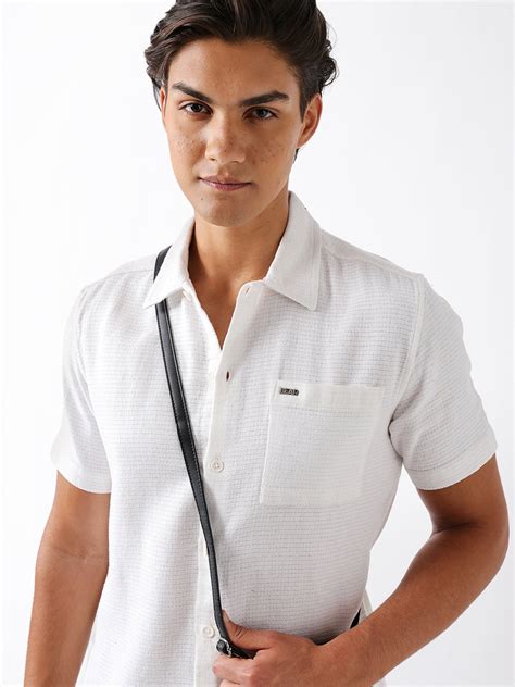 Shop White Textured Weave Regular Fit Half-Sleeve Casual Shirt Online ...