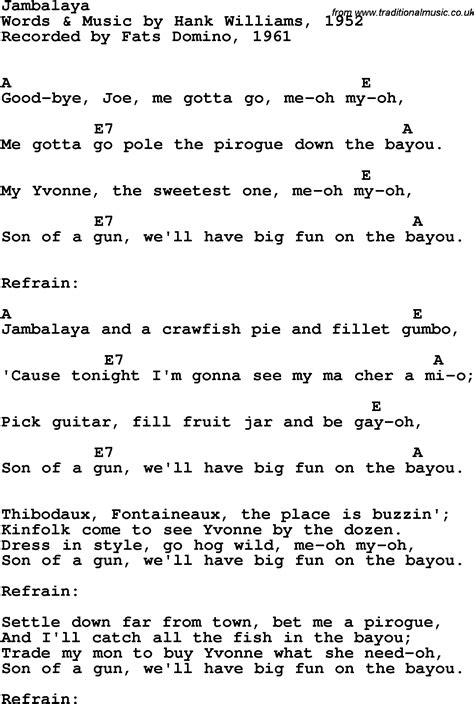 Song lyrics with guitar chords for Jambalaya - Fats Domino, 1961