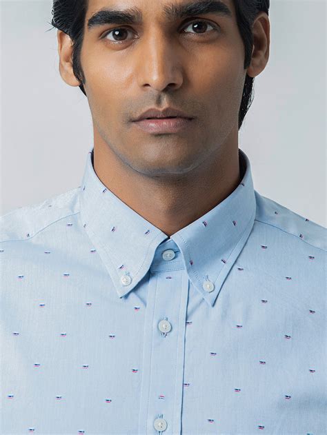Buy Blue Jacquard Button Down Shirt- 100% Cotton Men's Blue Formal ...