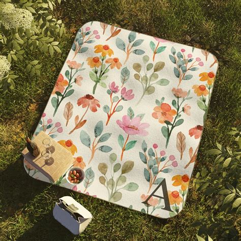 Monogrammed Boho Floral Picnic Blanket, Cute Spring Summer Floral ...