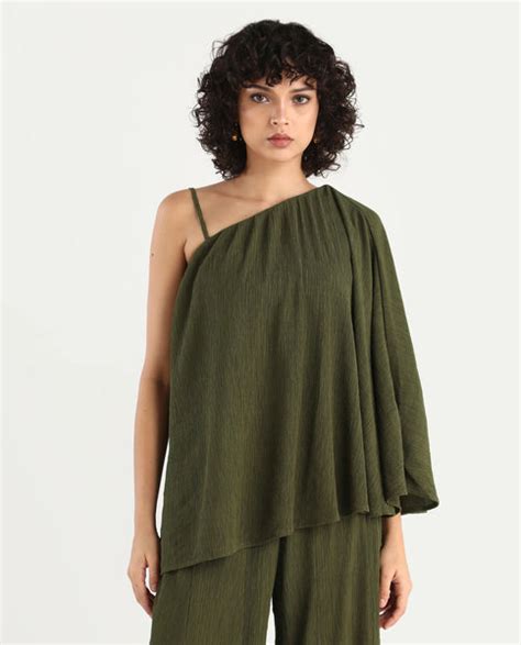 Rareism Women's Aviok-T Olive Nylon Blend One Shoulder Relaxed Plain T