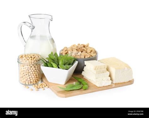 Different organic soy products on white background Stock Photo - Alamy