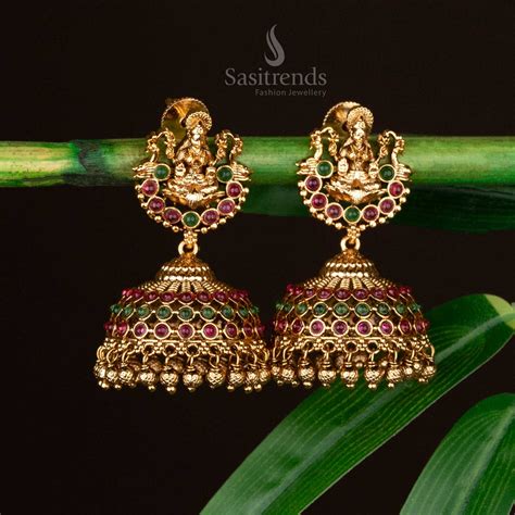 Temple Matte Gold Lakshmi Earrings with Ruby-Green Stones - Sasitrends