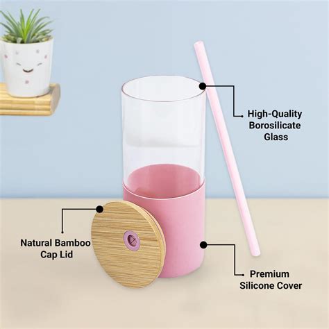 Pink Borosilicate Glass Sipper With Straw - 350 Ml – MARKET99