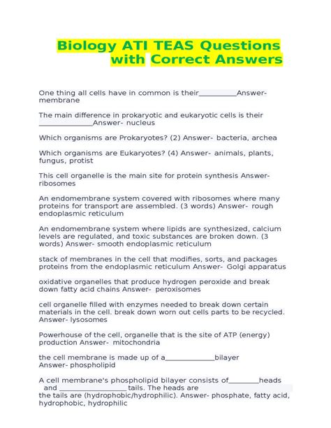 Biology ATI TEAS Questions with Correct Answers Updated 2023-2024 ...