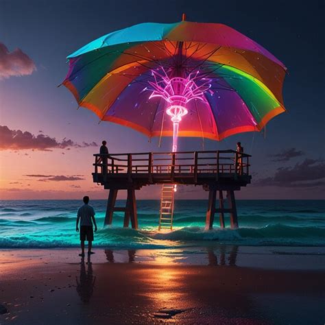Sea beach a creative design bridge with man | Premium AI-generated image