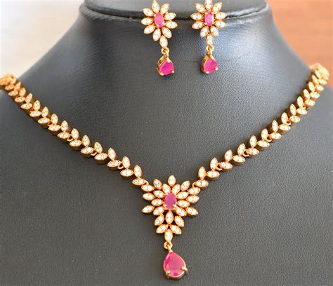 Matte finish Cz Ruby flower necklace set dj-42709 – dreamjwell