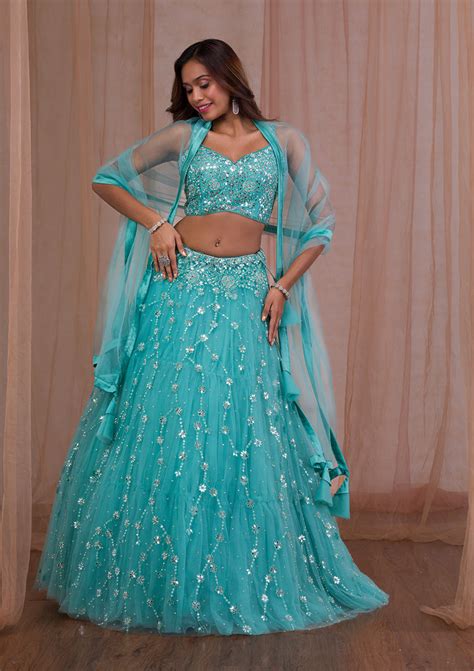 Buy Sea Green Mirrorwork Net Readymade Lehenga - Koskii