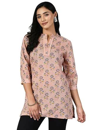 Meesan Women's Mandarin Collar Lace Inserts Pink Ethnic Print Tunic ...