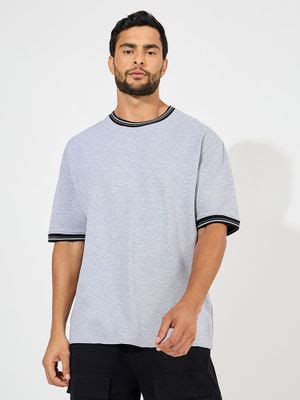 Buy Styli Men Grey Solid Cotton Terry Ringer T-Shirt with Contrast Rib ...