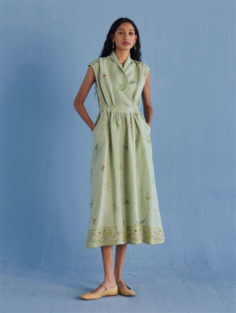Mema Shawl Collar Printed Linen Dress In Mint – KAANJJ