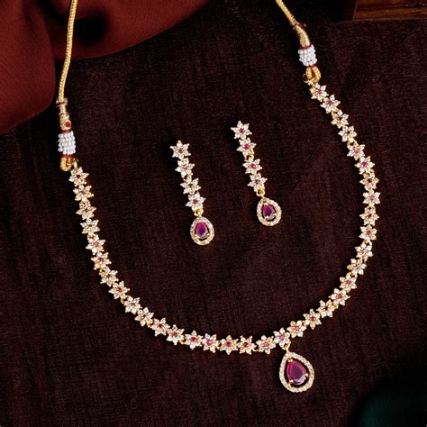 Gold Plated CZ Floral Line Bridal Necklace Set with Ruby Crystals – Estele