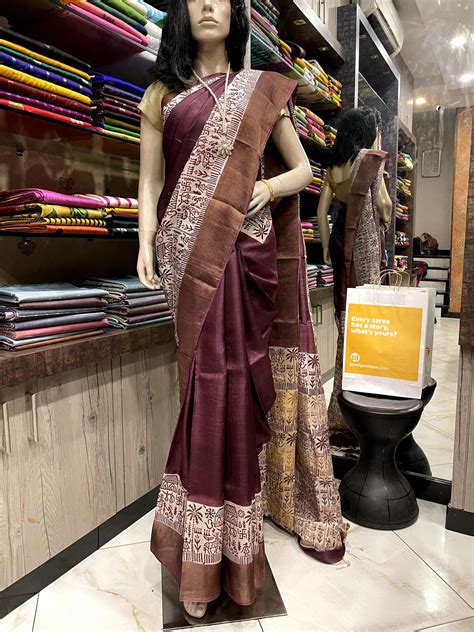SP24A137 Brown White Pure Block Print Tussar Silk Saree – Paarijaatham.com