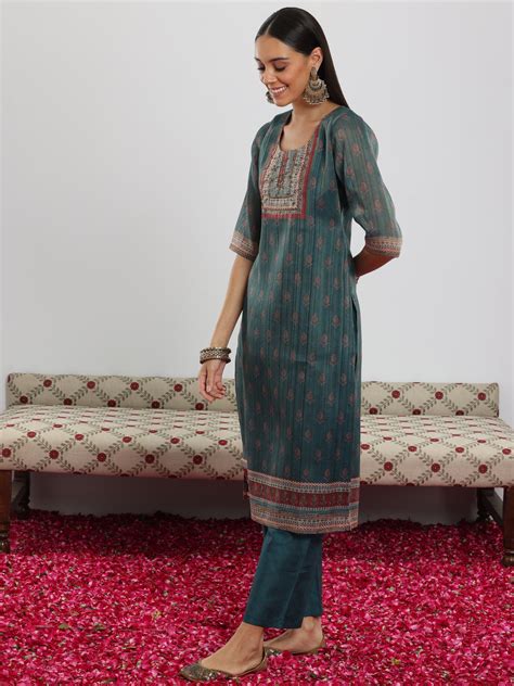 Buy Teal Green Printed Silk Blend Straight Suit With Dupatta Online at ...