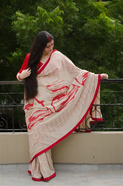 BEIGE TAGORE SCRIPT PRINTED HANDWOVEN COTTON SAREE WITH FRILL – 1519 ...