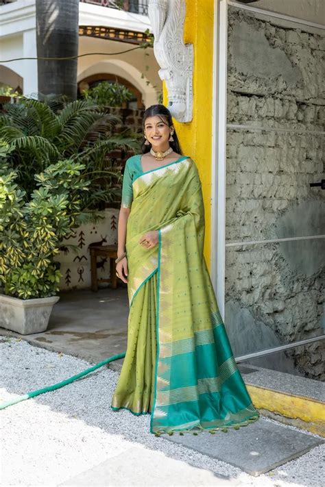 Vishnu Weaves Pista Raw Silk Saree With Blouse Piece For Women Price in ...