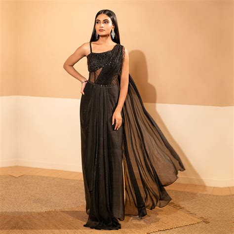 Black Sequinned Indo-Western Ready-to-wear Saree – Suvidha Fashion