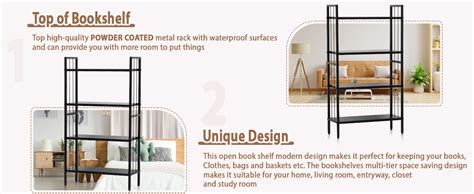 Livzing 4 Tier Height Adjustable Metal Bookshelf Metal Rack Wooden ...