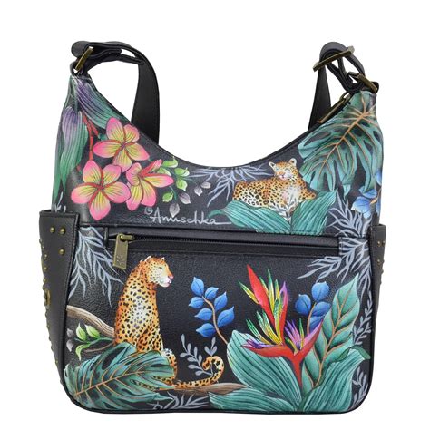 Anuschka Hand Painted Leather Hobo Bag - Artisan Studded Shoulder Bag ...