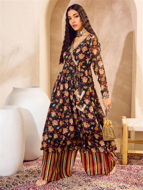 Women Black Floral Wrap Anarkali Kurta With Palazzos