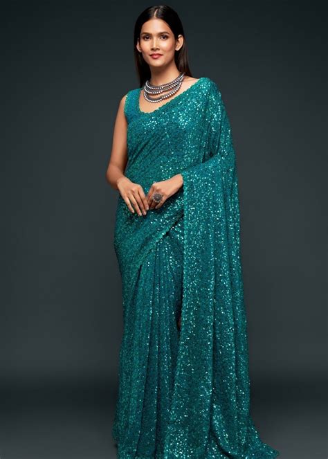 Buy Paradiso Blue Georgette Partywear Saree Online - MySilkLove