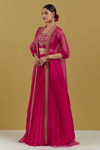 Buy Magenta Crepe Embroidery Square Neck Crop Top Skirt Set With Cape ...