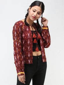 Maroon Mustard Hand Woven Ikat Jacket With Hand made Tassels - J11FXXX ...
