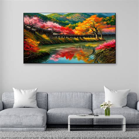 Beautiful Nature Autumn Landscape with Wooden Bridge River Digital Art ...