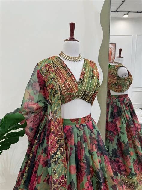 Green Digi Printed Tuby Organza Silk Lehenga Choli – Lehenga Closet