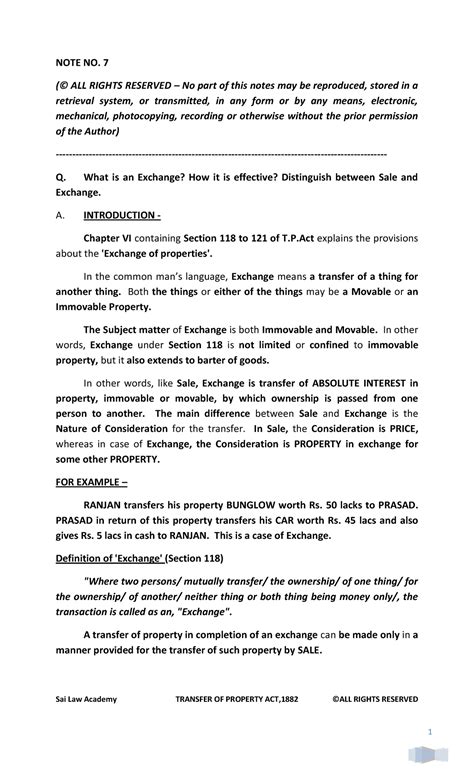 New TP Act 7 - Good notes - Sai Law Academy TRANSFER OF PROPERTY ACT ...