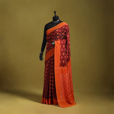 Maroon Mercerised Cotton Handloom Pochampally Ikat Saree