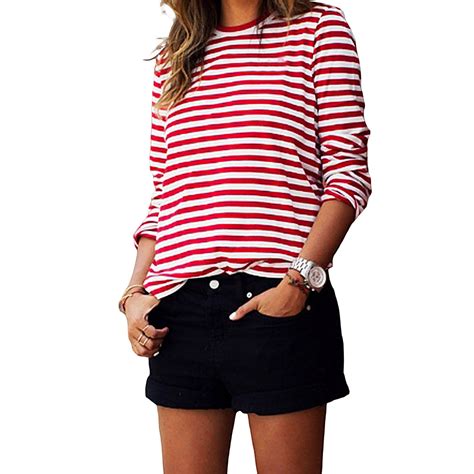 Womens Striped Long Sleeve T Shirt Cotton Striped Tops Basic T Shirt ...