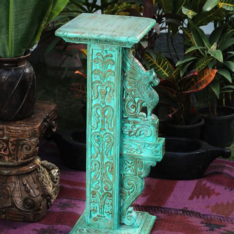Carved Pedestal Table in Green Color Handcrafted by Artisans | Revive Home