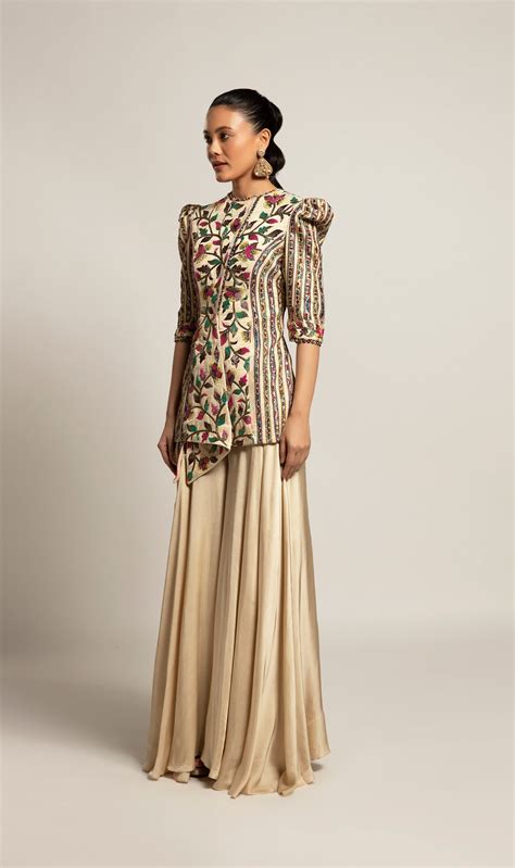 Beige draped Jacket and Flared Pant Set – Sejal Kamdar Designs