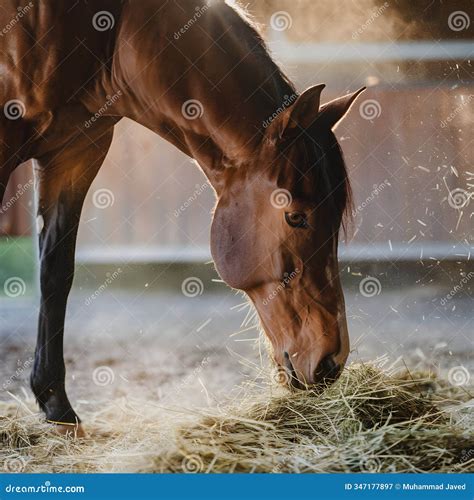 Bay Colored Horse Eating Hay, with Sunlight Creating a Warm Glow Stock ...