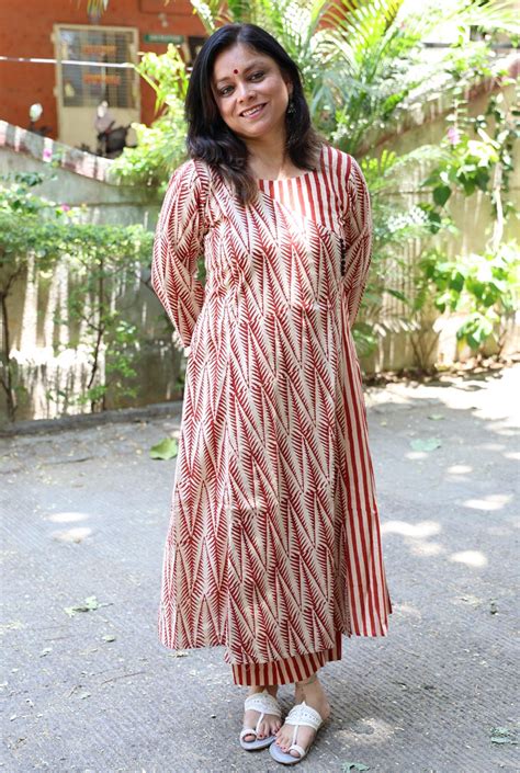 Red Hand Blocked Kurti Pant Set in Angrakha Style – Naksh For You