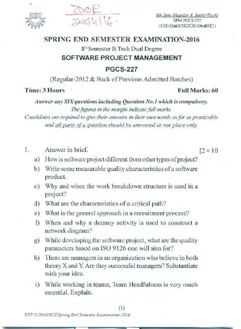 DOE 8th Sem SPM Spring End Semester Exam Questions and Guidelines - Studocu
