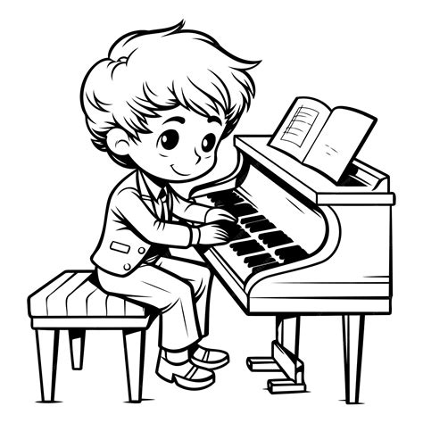 Boy Playing Piano Black and White Cartoon Illustration Isolated on ...